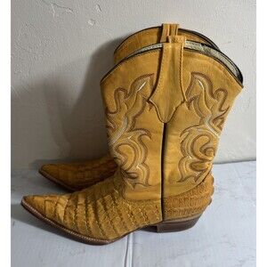 Y2k MESQUITE  Men’s Cowboy Boots Handmade Yellow Crocodile Print Leather Sz 25.5